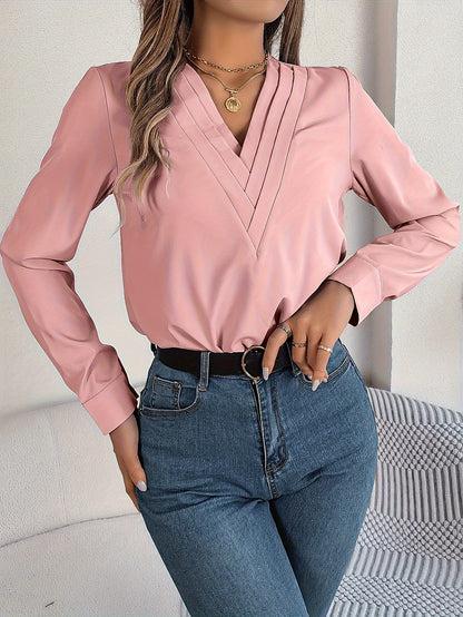 Women'S Elegant V-Neck Long Sleeve Shirt, Solid Color Polyester Blouse with Triple V-Cut, 95% Polyester 5% Elastane, Woven Fabric, 120g/m², for Spring/Summer/Fall - Adult