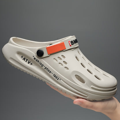 Tamancos modernos para homem com sola grossa em EVA e estampado de alfabeto - Modelo slip-on, respiráveis, ideais para jardinagem, com tira amarela segura e palmilha estampada com a inscrição "SMN WALKING PROS" para maior conforto ao ar livre.