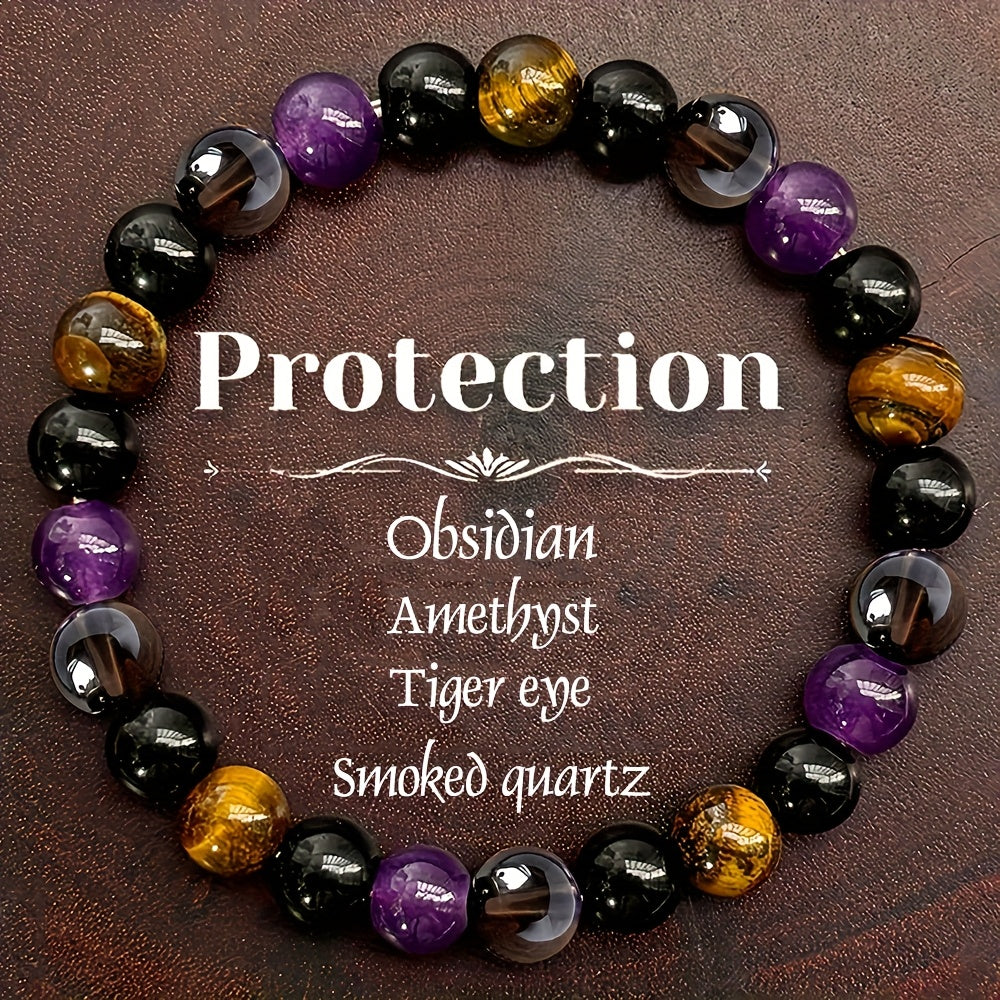 4pcs FUTTMI Natural Stone Elastic Bracelets for Women - Bohemian Style, Protection & Luck Charms, Handmade Stretch Beaded Jewelry with Tiger Eye, Obsidian, Amethyst & Smoked Quartz for Daily Wear & Gifts, Charm Beads for Brac