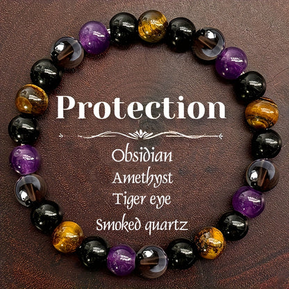 4pcs FUTTMI Natural Stone Elastic Bracelets for Women - Bohemian Style, Protection & Luck Charms, Handmade Stretch Beaded Jewelry with Tiger Eye, Obsidian, Amethyst & Smoked Quartz for Daily Wear & Gifts, Charm Beads for Brac