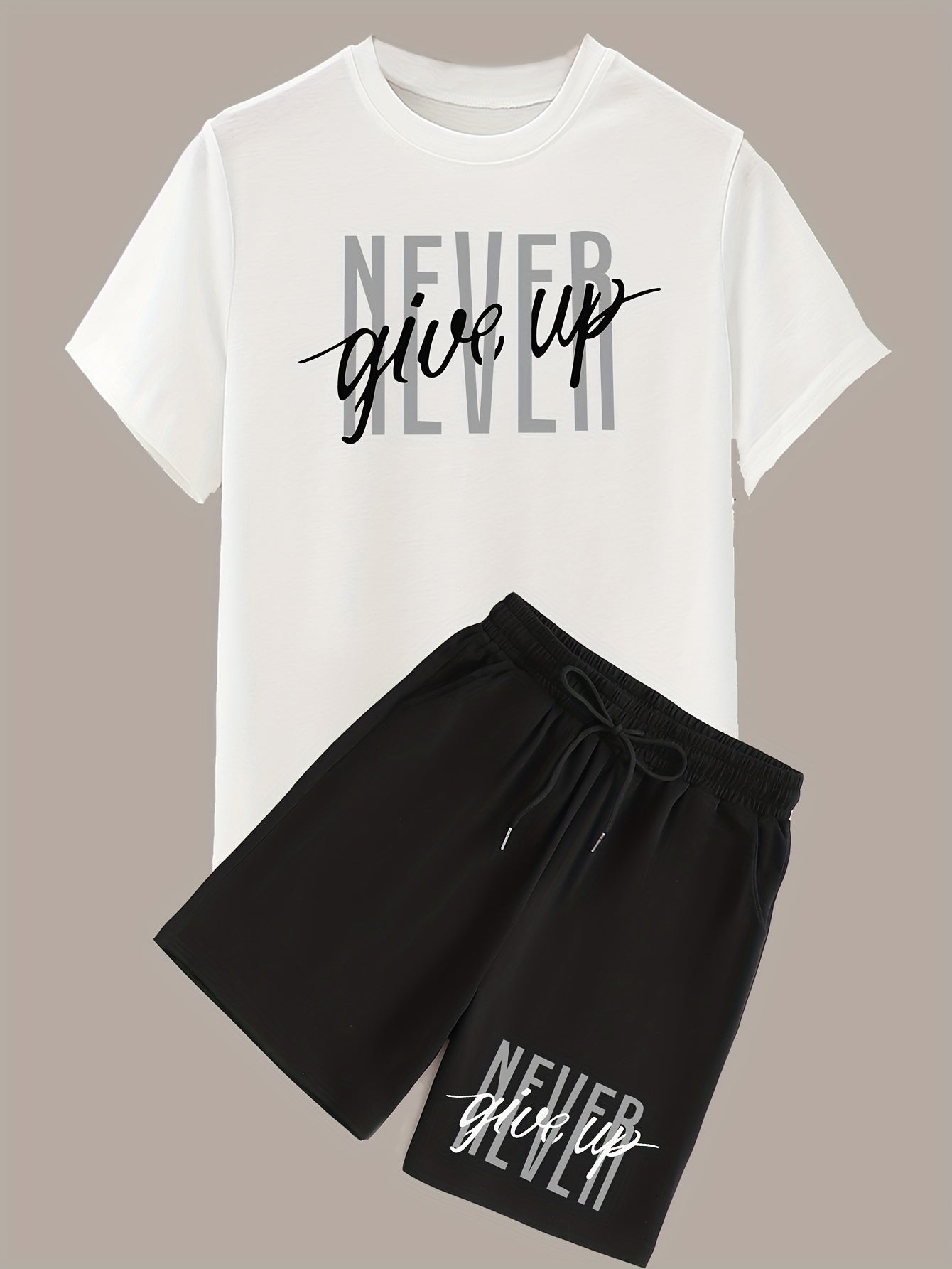 Men's Fashion NEVER GIVE UP Letter Print Loungewear Set, Short Sleeve Crew Neck Graphic T-shirt & Drawstring Shorts With Pockets, Casual Pajama Set, Men's 2piece Outfits