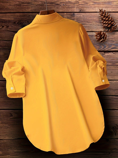 Plus Size Curved Hem Blouse, Casual Button Front Collared Blouse For Spring, Women's Plus Size Clothing