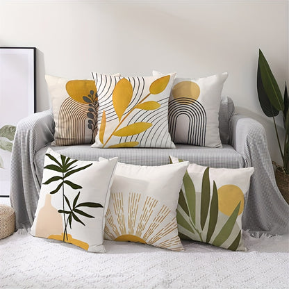 6pcs modern geometric pattern pillow case-white yellow green plant leaf pattern & abstract pattern, breathable zipper closure sofa bedroom car decorative cushion cover, all season machine wash (without inner core), suitable f