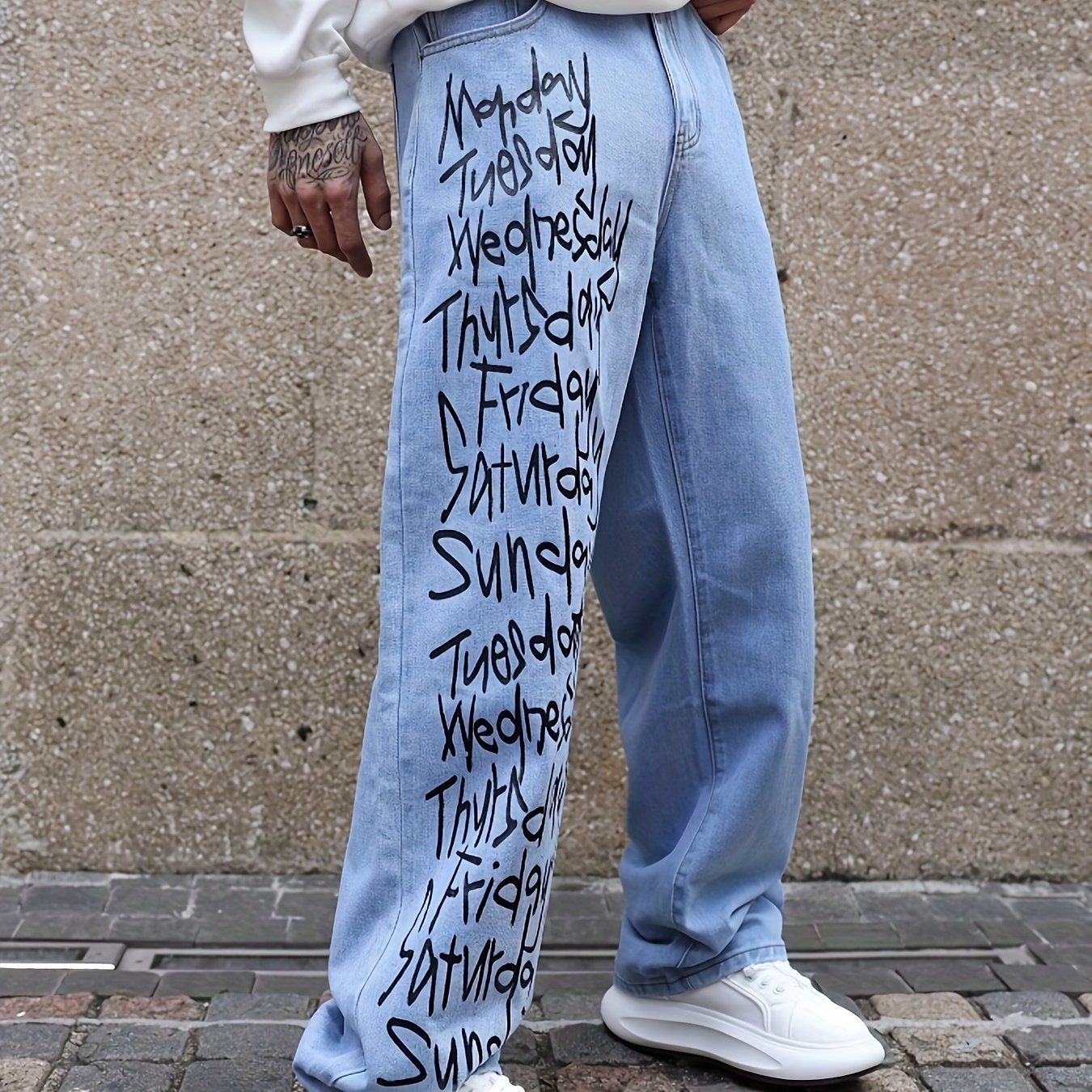 Men's Casual Letter Print Wide-Leg Jeans - Loose Fit, Rayon Blend Denim Pants for All Seasons
