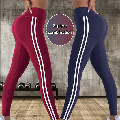 2pcs Women'S High-Waisted Yoga Pants - Breathable, Comfortable, and Tummy Control Workout Leggings with Side Stripes, Stretchy Fabric for Outdoor Fitness and Casual Wear, High Waisted Leggings