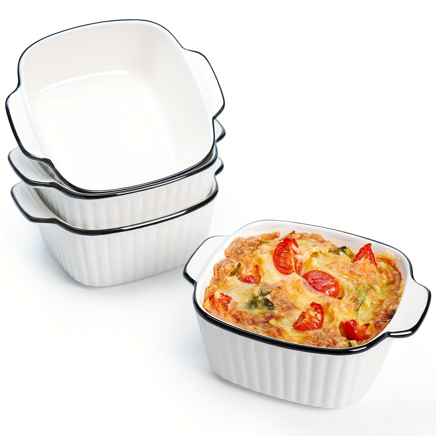 4pcs, 13oz ceramic baking dishes, black-rimmed square baking dishes, small baking dishes suitable for air fryers, ceramic bakeware with handles, oven-safe, microwave-safe, dishwasher-safe. Kitchen supplies. Dessert bowls. Fru