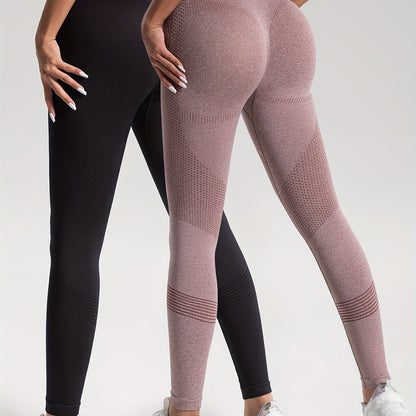 2pcs Solid Color High-Stretch Fitness Yoga Sports Leggings, Soft Breathable Yoga Tight Pants, Women's Activewear