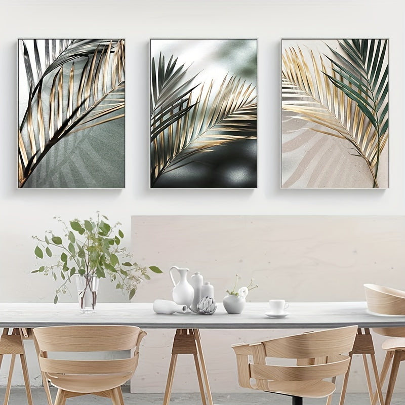 3pcs Nordic Botanical Wall Art - Golden Palm Leaf Plant Canvas Painting - Scandinavian Decoration - Home Decor - No Frame