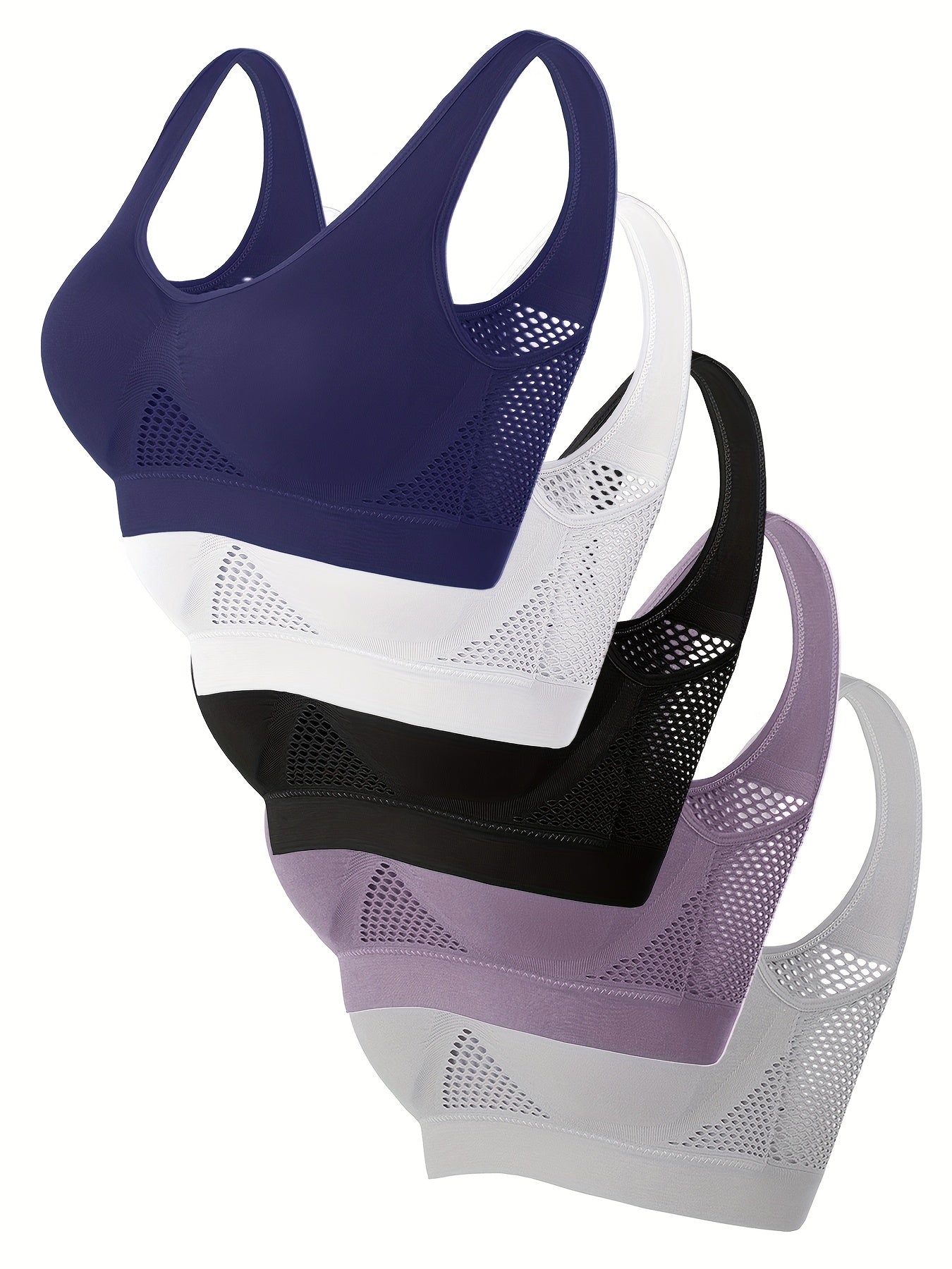 5pcs, Solid Color Sports Bras, Wire-Free, Padded, Breathable Mesh, High Elasticity for Yoga and Running