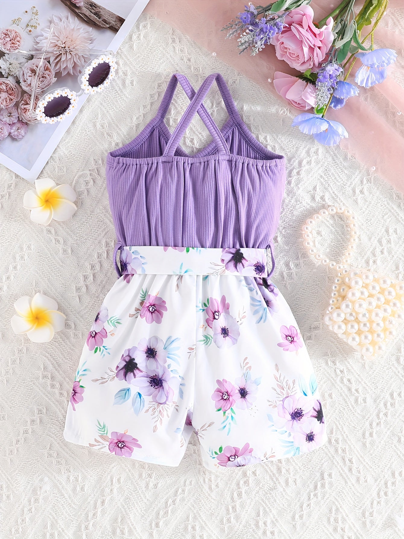 Girls' Summer Casual Floral Print Off-Shoulder Jumpsuit with Adjustable Waist Belt - Lightweight Breathable Shorts for Outdoor Play & Daily Wear, Blue & White Flower Design, Perfect for Weekend Outings, Cute Outfits for Girls