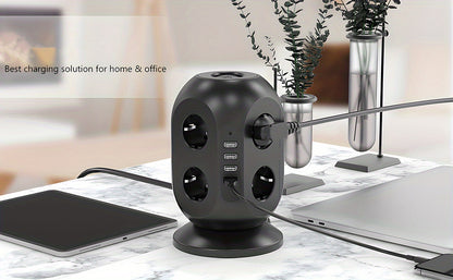 12-way power strip with 4 USB, multi-socket tower, 1.8m extension cable, power strip with double for Switch, desktop socket tower surge protection for garden, office, kitchen