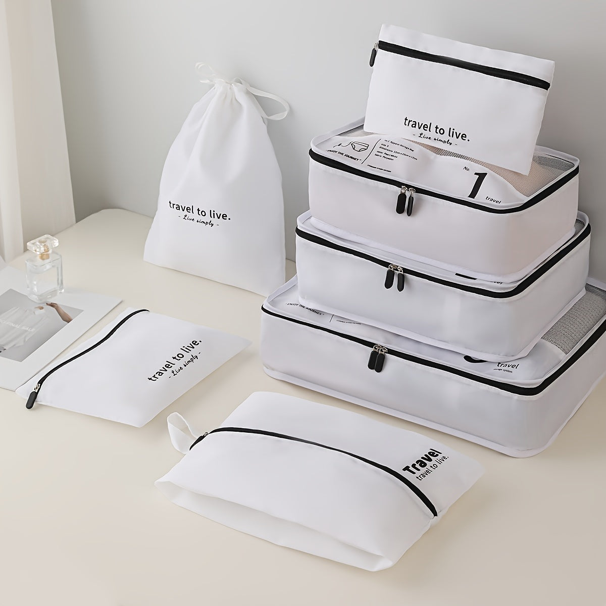 Portable Travel Storage Bag Set of 7pcs Suitcase Clothes Organizer Pouches with Clothing Bags, Underwear Pouches, and Shoe Pouches Suitable for Business Trips by Both Men and Women