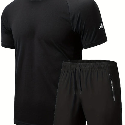 Men's 2Pcs Outfit, Solid Workout Short Sleeve T-shirt & Drawstring Shorts For Basketball Football Exercise Training Running Gym