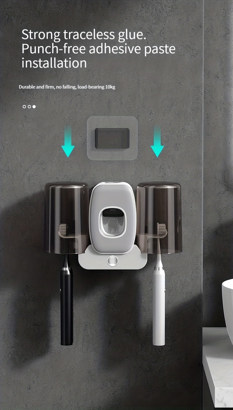 1pc Automatic Toothpaste Dispenser & Brush Holder, Toothbrush Holders With Automatic Toothpaste Squeezer Device For Bathrooms, Toothbrush Organizer With Cup, Wall Mounted Shower Room Decor Set