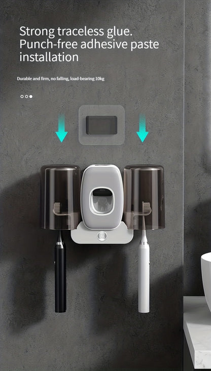 1pc Automatic Toothpaste Dispenser & Brush Holder, Toothbrush Holders With Automatic Toothpaste Squeezer Device For Bathrooms, Toothbrush Organizer With Cup, Wall Mounted Shower Room Decor Set