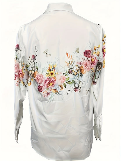 Floral Print Button Front Shirt, Casual Long Sleeve Shirt For Spring & Fall, Women's Clothing