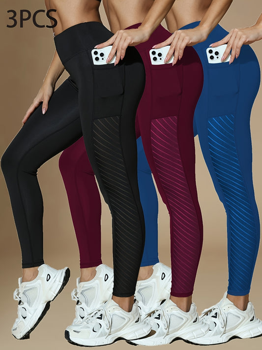 Autumn/Winter Style, Three-Pack Mesh Panel Ankle Pants with Tight Fit and Pockets, Casual Sporty Leggings for Gym Yoga Training, Gym Wear, Activewear Bottoms, Trendy Workout Pants, Stylish Activewear, Comfortable Fit, Stretch