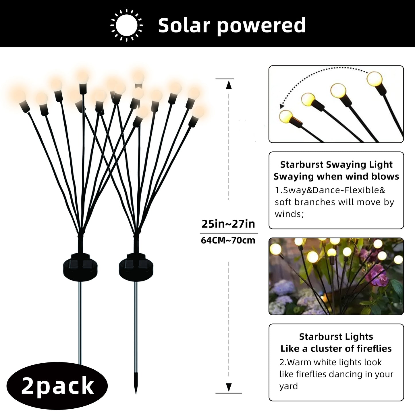 Two Solar Garden Lights, Equipped with 6/8/10 LED Bulbs, Firefly Floor Lights, Outdoor LED Lights, Spherical Garden Decorative Lights for Yard Lighting, Festive Parties, Christmas, Independence Day Dance Illumination to Beaut