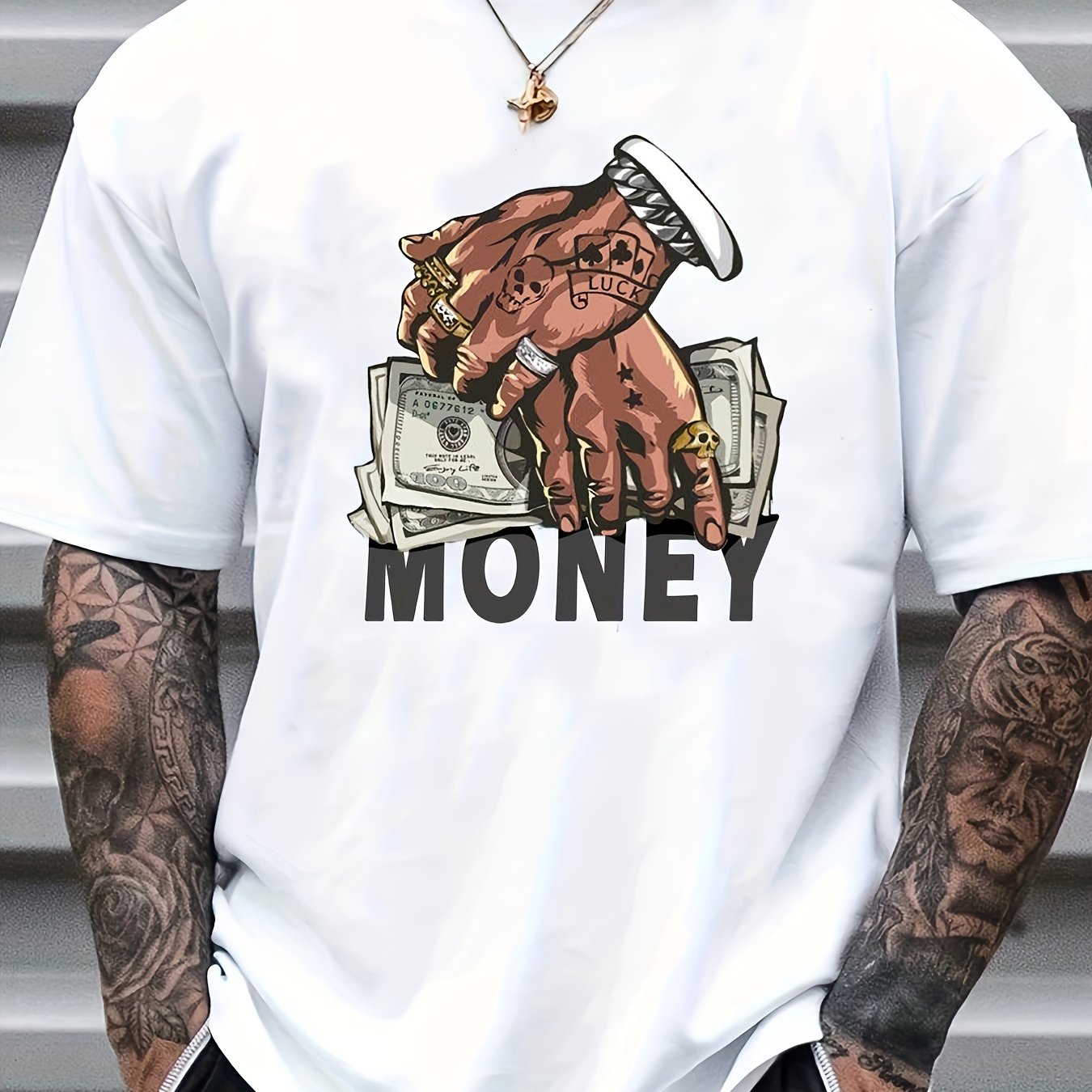 Cartoon Money & Hands Print, Men's Graphic Design Crew Neck Niche T-shirt, Casual Comfy Tees Tshirts For Summer, Men's Clothing Tops For Daily Vacation Resorts
