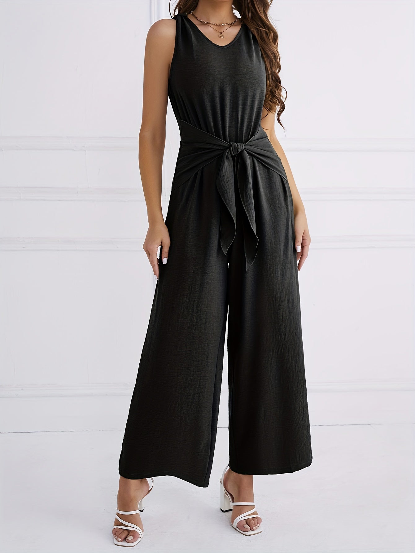 V Neck Knotted Jumpsuit, Casual Wide Leg Sleeveless Jumpsuit For Spring & Summer, Women's Clothing