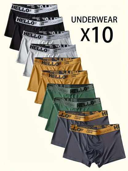 Men's 10-Pack "Hello" Print Boxer Briefs with HELLO Lettering on Waistband, High Elastic Knit Fabric, 95% Polyester 5% Spandex, Solid Color Casual Underwear Shorts