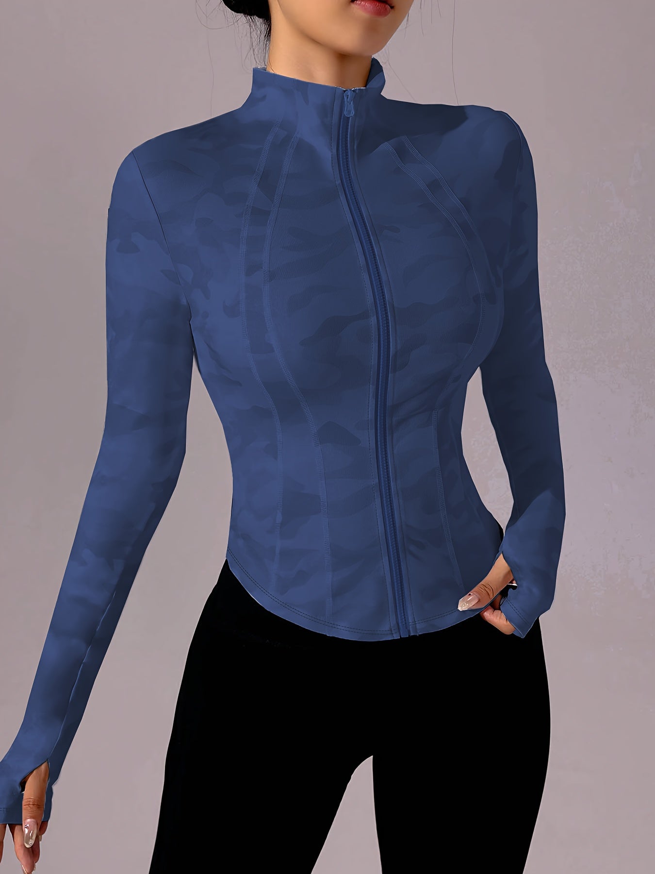 Zip-Up Stand Collar Sports Jacket, Half-Finger Long Sleeve Top with Camouflage Print, Suitable for Outdoor Fitness, Hiking, Golf, Tennis, Badminton, Bowling, Daily Walks and Shopping, Gym/Home Workout, Meditation, Versatile,