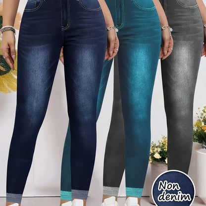 [Denim Print/Imitation Denim] 3pcs Set New Imitation Denim Blue Black Green Women's Slim Fit Leggings - Elegant Stretchy Tights, All-Season Versatile Casual and Formal Wear, Machine Washable Comfortable High-Quality Tight Pan