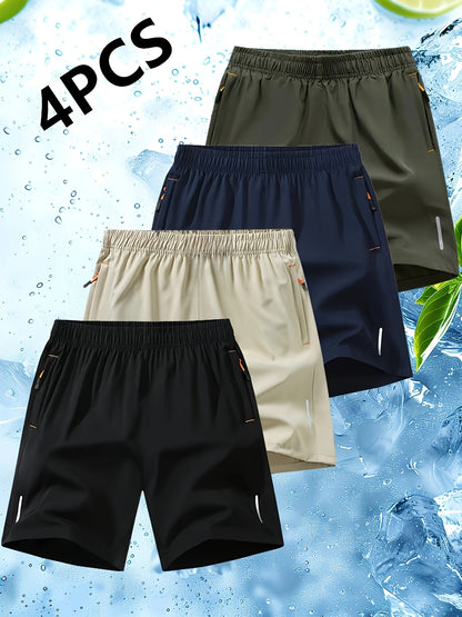 Conjunto de 4 calções desportivos para homem com riscas refletoras - Calções respiráveis ​​de secagem rápida para treinos de verão com bolsos, bege, azul marinho e preto. Calções para ténis e ginásio, design desportivo, tecido de secagem rápida.