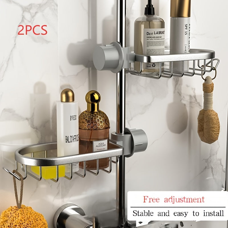 2pcs Aluminum Shower Caddy - Sturdy & Easy to Install with Hooks, Suitable for Shampoo, Body Wash, Sponge Brush - Modern Style, Rust-Resistant Material, Bathroom Accessory