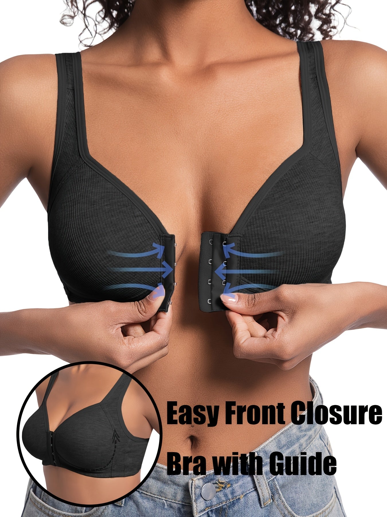 3pcs Set, Front Closure, Vertical Stripe, Gathered, No Underwire Bra