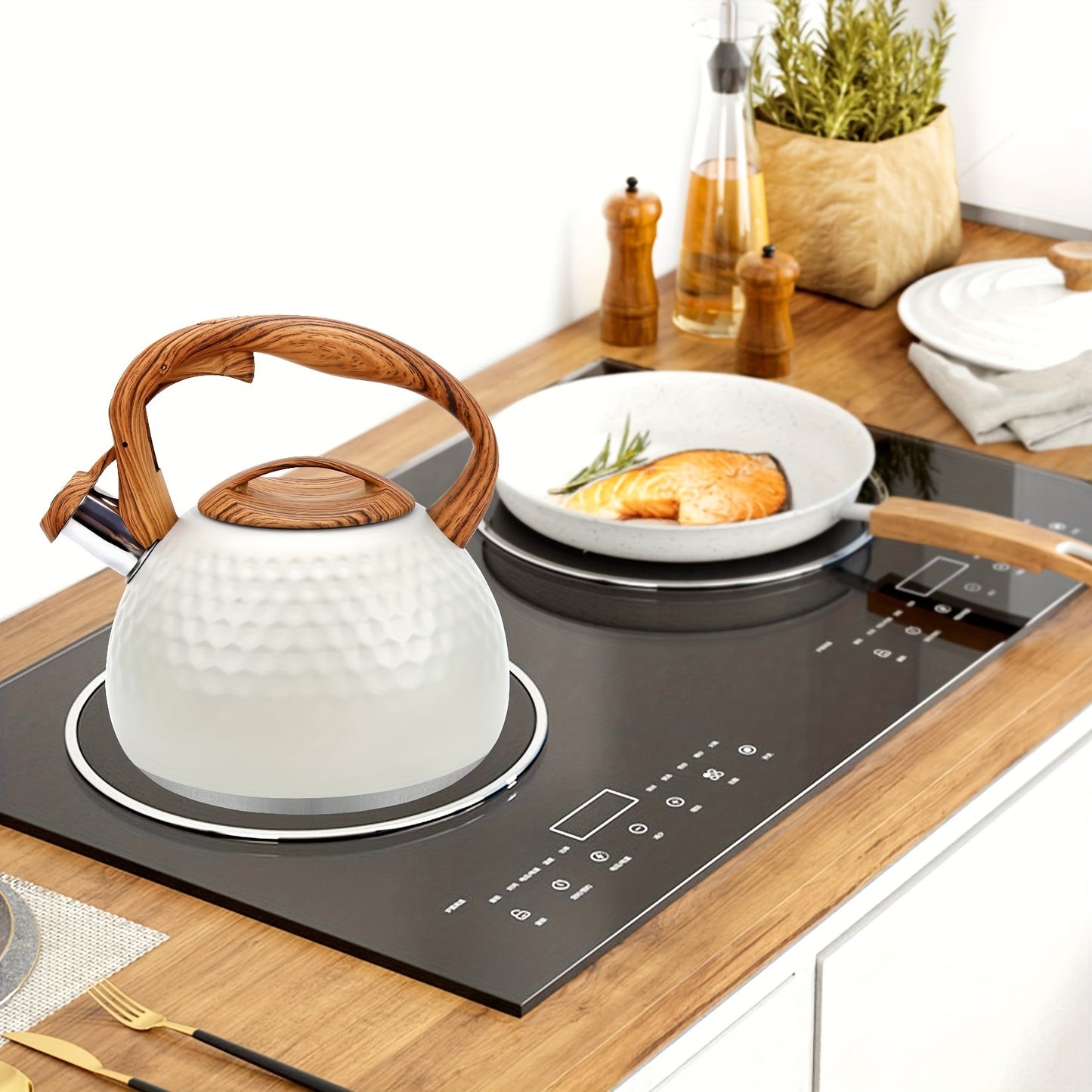 1pc, 3L Stainless Steel Whistling Tea Kettle – Easy To Clean, Compatible With All Stovetops, Whistling Kettle, Stainless Steel Tea Pot With Wooden Pattern Handle, – Lightweight & Durable Stainless Steel Teapot For Outdoor