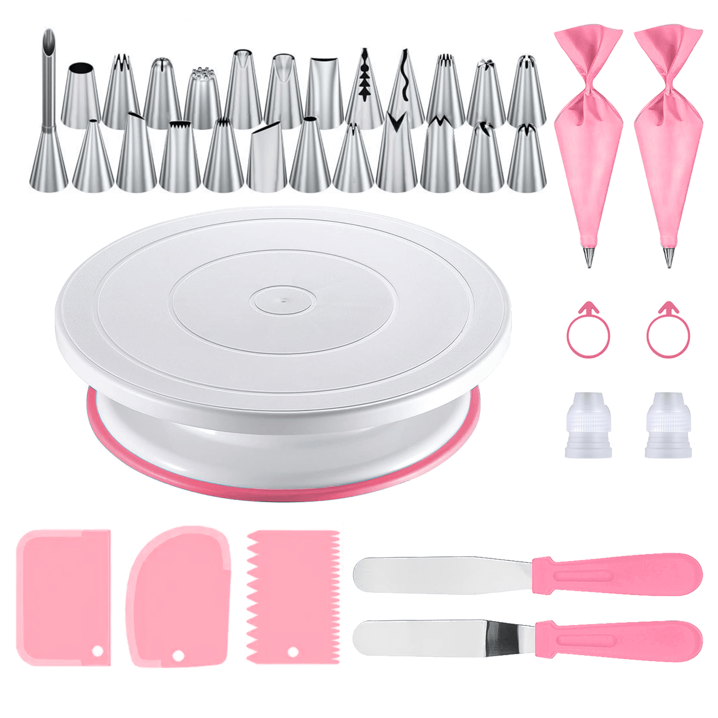 36pcs Stainless Steel Piping Nozzles Cake Turntable Set, 24 Piping Nozzles, 1 Cake Turntable, 2 Reusable Piping Bags, 2 Silicone Rings, 2 Converters, 2 Cream Spatulas, 3 Cream Scrapers, Cake Decorating, Nozzles, Pastry, Cupca