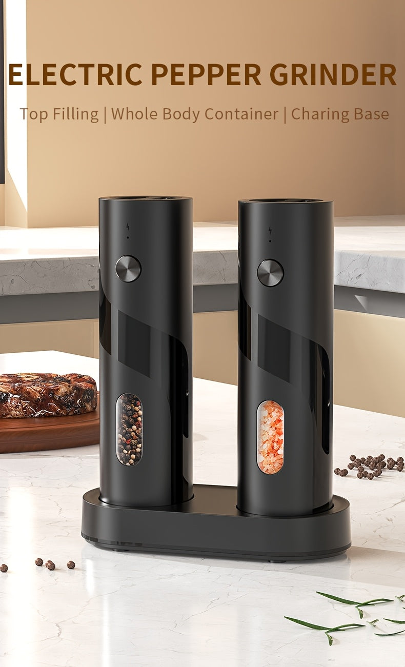 Two-piece portable electric pepper and salt grinder set, with base, USB charging, one-handed operation, adjustable coarseness, 300mAh battery capacity, interchangeable design, essential kitchen helper for cooking, perfect too