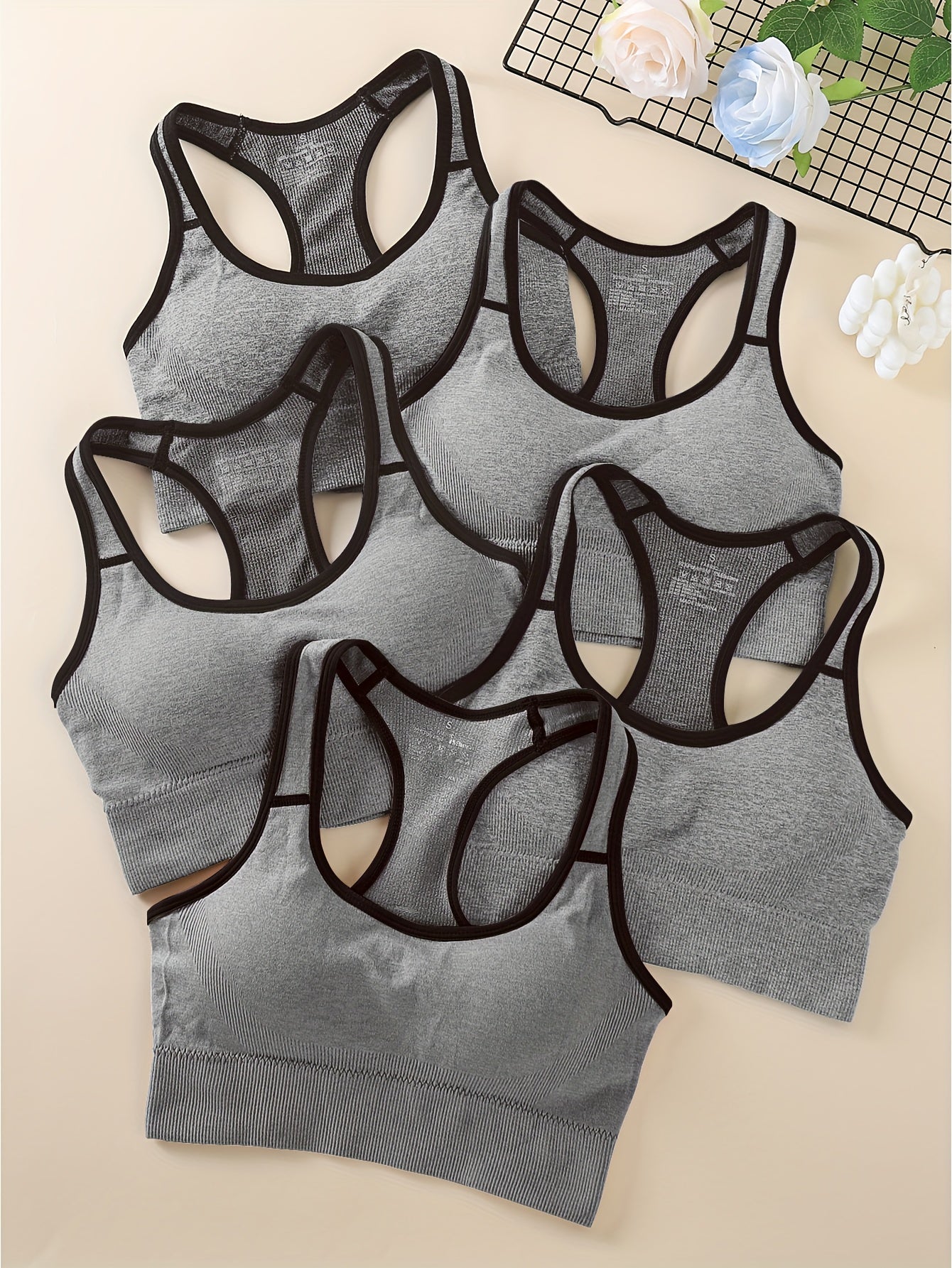 5pcs Women's High-Support Sports Bras - Removable Padding & Back Panel, Full-Coverage Tummy Control, Breathable Yoga Gym Bras with Multi-Color Options (Black/Dark Grey/Navy/Beige/Pink) - Moderate Lift for Heavy Breasts, Hand