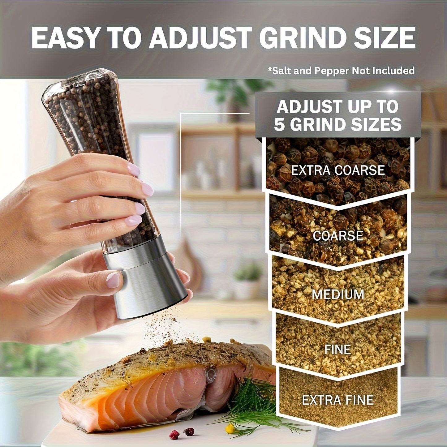 2pcs Premium Stainless Steel Salt and Pepper Grinder Set - Adjustable Ceramic - High Glass Salt and Pepper Mill - This elegant yet practical grinder set enhances your cooking experience, adding flavor to your kitchen