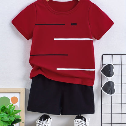 2pcs Set of Boys' Summer Striped Print Round Neck Short Sleeve T-shirt and Casual Shorts
