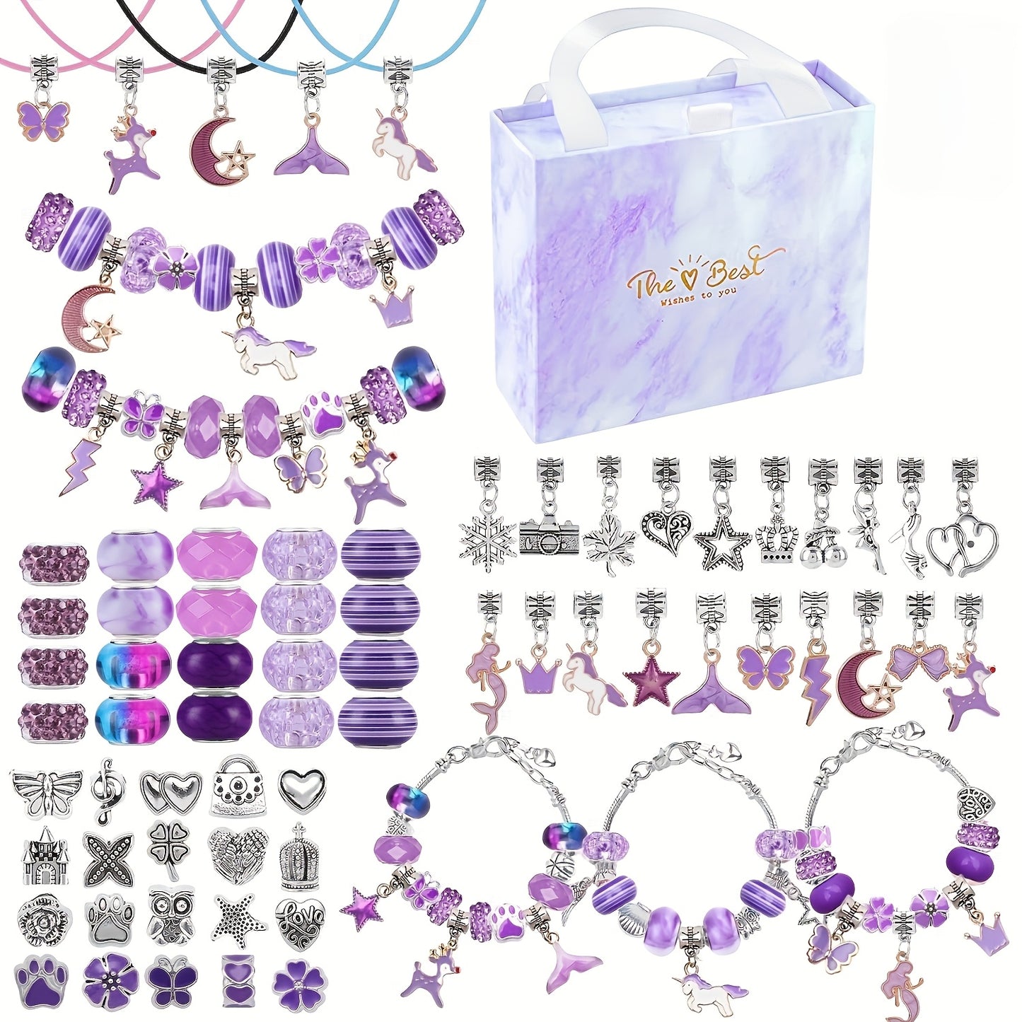 Kit de pulseiras DIY com 67 peças, incluindo 60 charms, 3 pulseiras e 3 colares. Ideal para presentes de aniversário, Natal, Ano Novo e Dia dos Namorados.