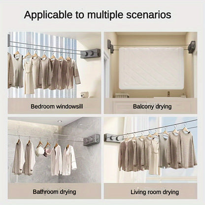 1pc Adjustable Double Line Retractable Clothesline, 304 Stainless Steel, Indoor Invisible Reel Drying Rope, Space Saving For Apartment Balcony, Towel Quilt Clamp, Rust-proof ABS Shell