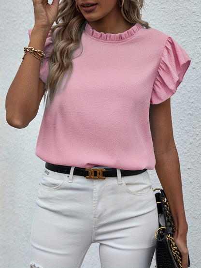 Ruffle Trim Round Neck Blouse, Casual Flutter Sleeve Blouse For Spring & Summer, Women's Clothing Wedding holiday vacation