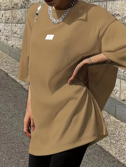 Oversized Drop Shoulder Ribbed T-Shirt, Casual Crew Neck Short Sleeve T-Shirt For Spring & Summer, Women's Clothing