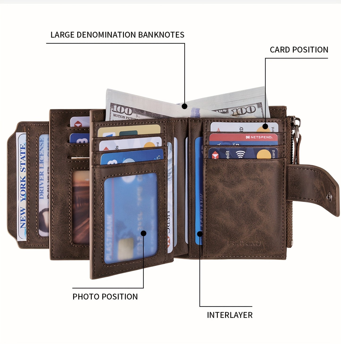 BANYANU Vintage Genuine Leather Wallet for Men - RFID Blocking, 17 Card Slots, Zippered Coin Pocket & Independent Card Holder, Brown, Perfect Father'S Day Gift, Secure Card Storage | Vintage Wallet | Durable Zipper Closure, B