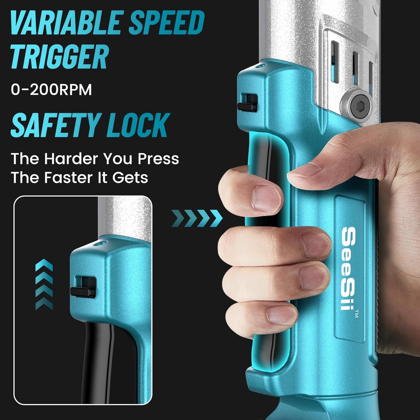 Seesii Cordless Ratchet 3/ 8", 90N.m 200RPM, 200RPM Power Ratchet Wrench 90N.m, 2 x 2.0A Batteries & Charger, Variable Speed Trigger, 8 Sockets, 1/ 4" & 1/ 2" Adapter, 3" Extension Bar