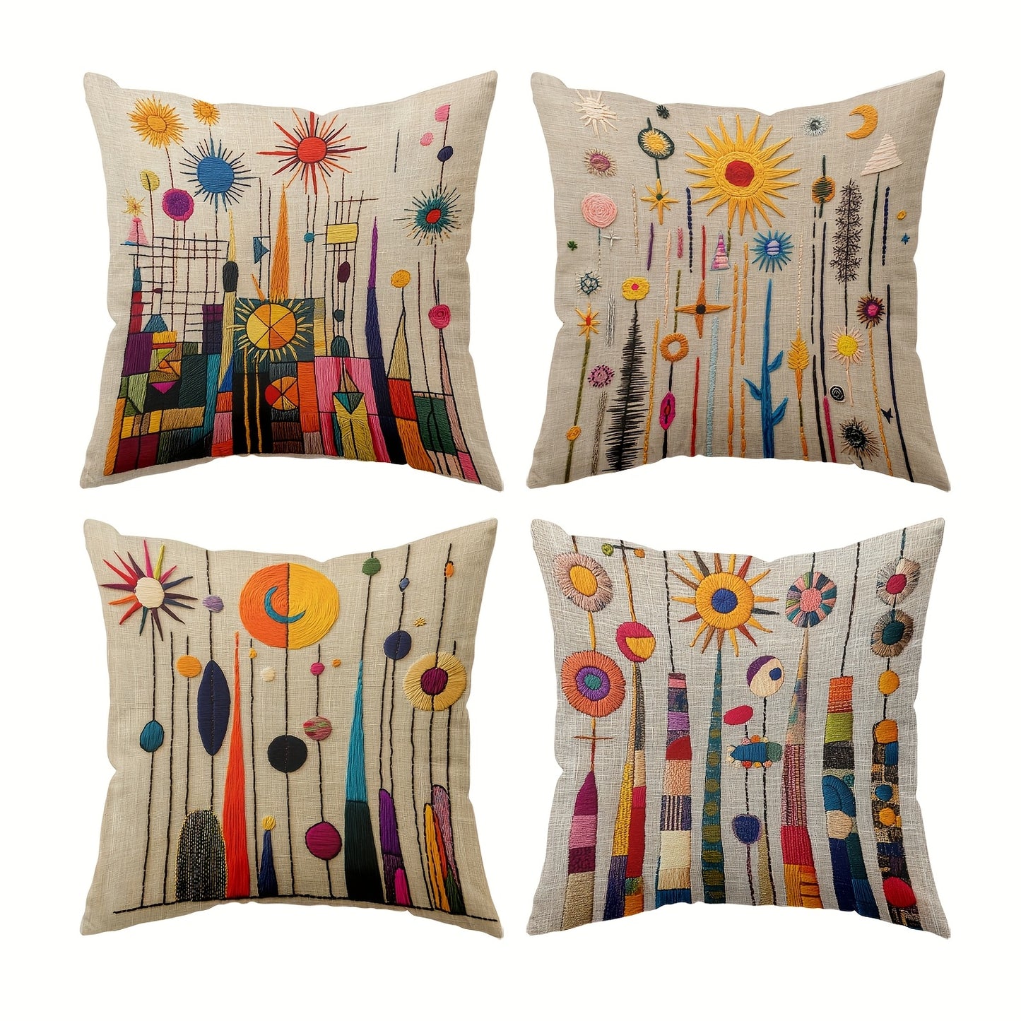 2D printing, 4pcs, abstract pillow set, with beige as the base, presenting elements such as sun and geometric shapes, full of artistic sense, non real embroidery. 45.72 * 45.72 cm, home decoration, suitable for sofas, living