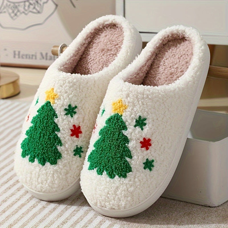 Christmas Tree Pattern Fuzzy Slippers, Winter Warm Closed Toe Flat Floor Shoes, Cozy Soft Sole Plush Home Slippers