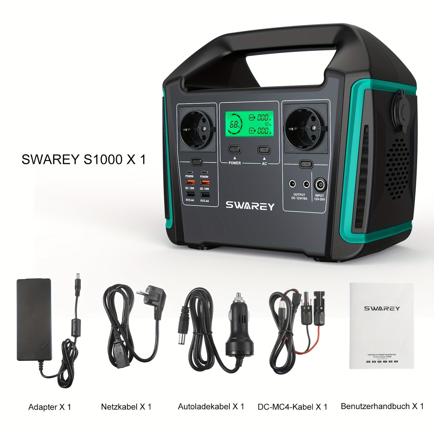 SWAREY Portable Power Station with 200W Solar Panel, 725.76Wh Solar power bank, 1000 W (Surge 1500 W) AC Outputs/Pure Sine Wave, Emergency power bank, 2 X 65 W USB-C Connection, Power power bank Battery for Outdoors, Camping,