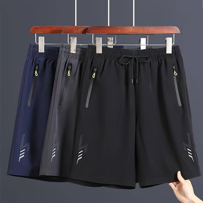 3pcs Men's Lightweight Quick-Dry Athletic Running Shorts - Loose Fit Plus Size, Zipper Pocket & Elastic Waistband, Polyester/Elastane Blend Swim Shorts with White & Black Design for Gym, Beach, Jogging - Summer Workout Swim T