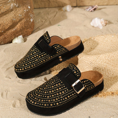 2025 Summer New Rhinestone Vacation Style Casual Slip-On Thick Sole Beach Mules