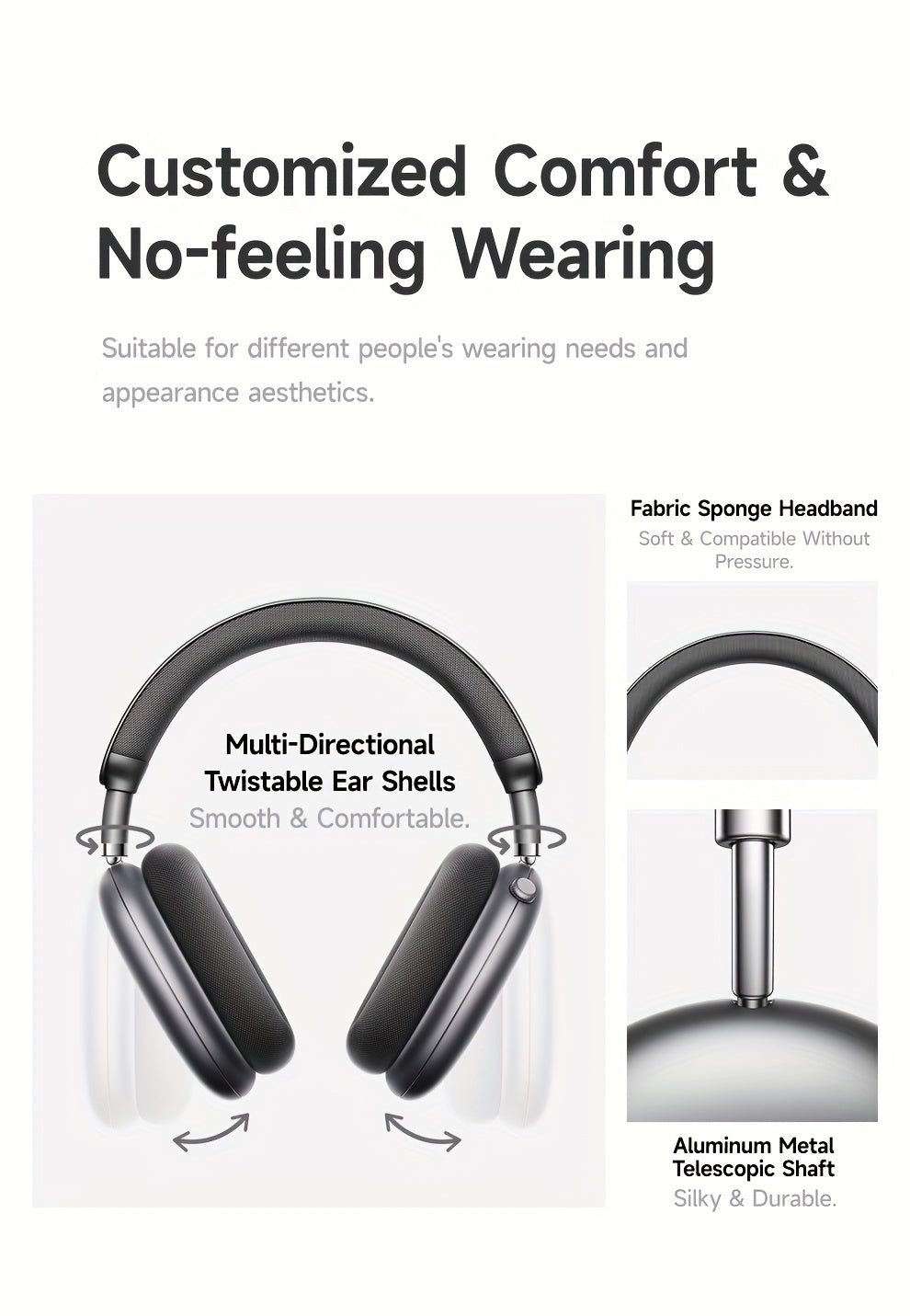 Picun F8 Pro Wireless Over-Ear Headphones with 52dB Hybrid ANC, Hi-Res Audio, Detachable Fabric Ear Cushions, Smart 5-Mic ENC, 140-Hour Standby, and Seamless Dual-Device Connectivity, Black, Wireless Headphones, Modern Headph