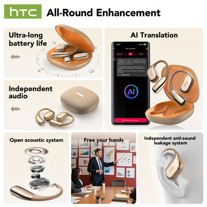1pc HTC NE39 AI Translator Headset with Real-Time Translation in 131+ Languages, Wireless 6.0, Long-Lasting Battery, Touch Control, Gaming Mode, Compatible with PC/Phone/Tablet - Lightweight AI Translation Earbuds for Travel,