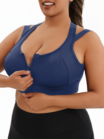 Women's Plus Size Sports Bra, Front Zip Closure, High Support Fitness Active Wear, Breathable Comfortable Lingerie, For Basketball Yoga Sports, Simple Look